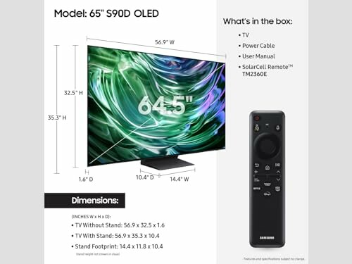 65-inch S90D OLED TV with dimensions and accessories.
