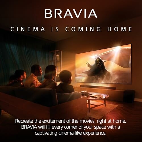 Family watching a movie on a large screen TV in a cozy living room
