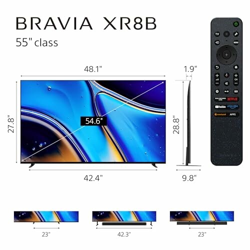 Bravia XR8B 55 inch TV with remote and dimensions.