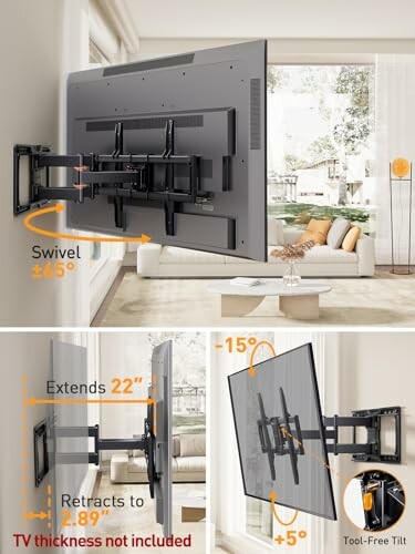 Full motion TV wall mount with swivel and tilt features.