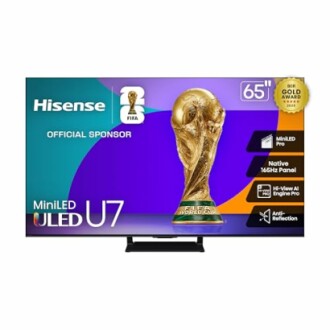 Hisense Mini LED U7 TV with FIFA World Cup trophy image.