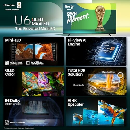 Hisense U6 ULED MiniLED TV features including Mini-LED, Hi-View AI Engine, QLED Color, Total HDR Solution.
