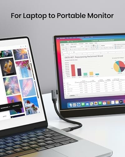 Laptop connected to a portable monitor displaying a spreadsheet and gallery.