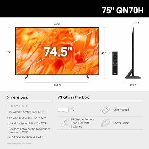 Specifications and box contents of 75-inch QN70H TV
