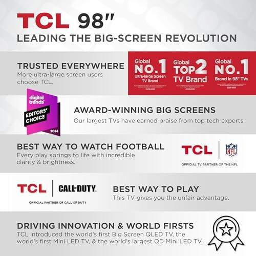 TCL 98 inch TV promotion highlighting awards and partnerships.