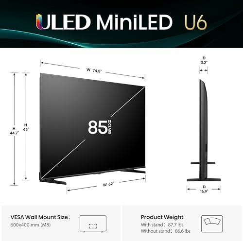 Dimensions and specifications of ULED MiniLED U6 TV, 85 inches.